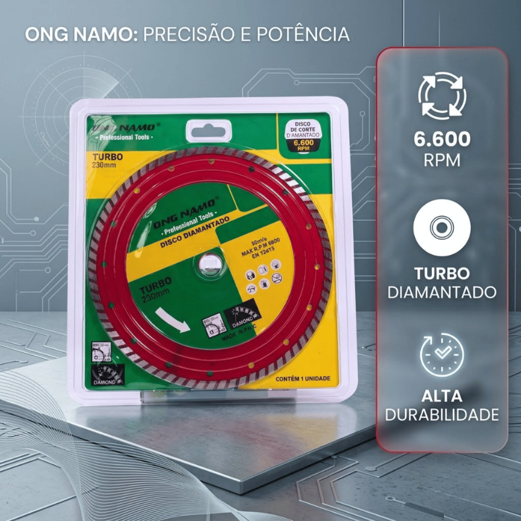 Disco Diamantado Turbo 230mm Corte Seco e Úmido Roçadeira Profissional Porcelanato Mármore Concreto
