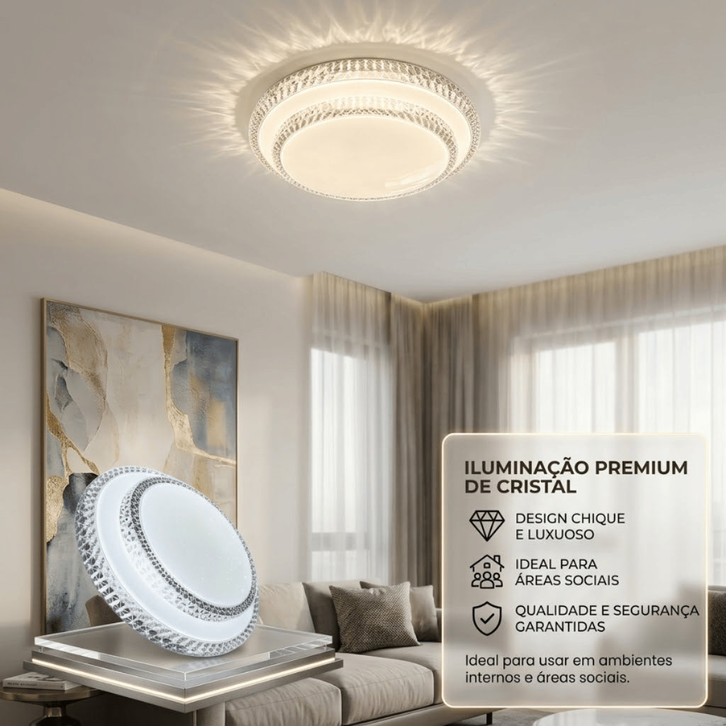 Luminária Plafon de Teto LED Tricolor 24W 38cm Design Moderno Cristal Facetado para Área Social