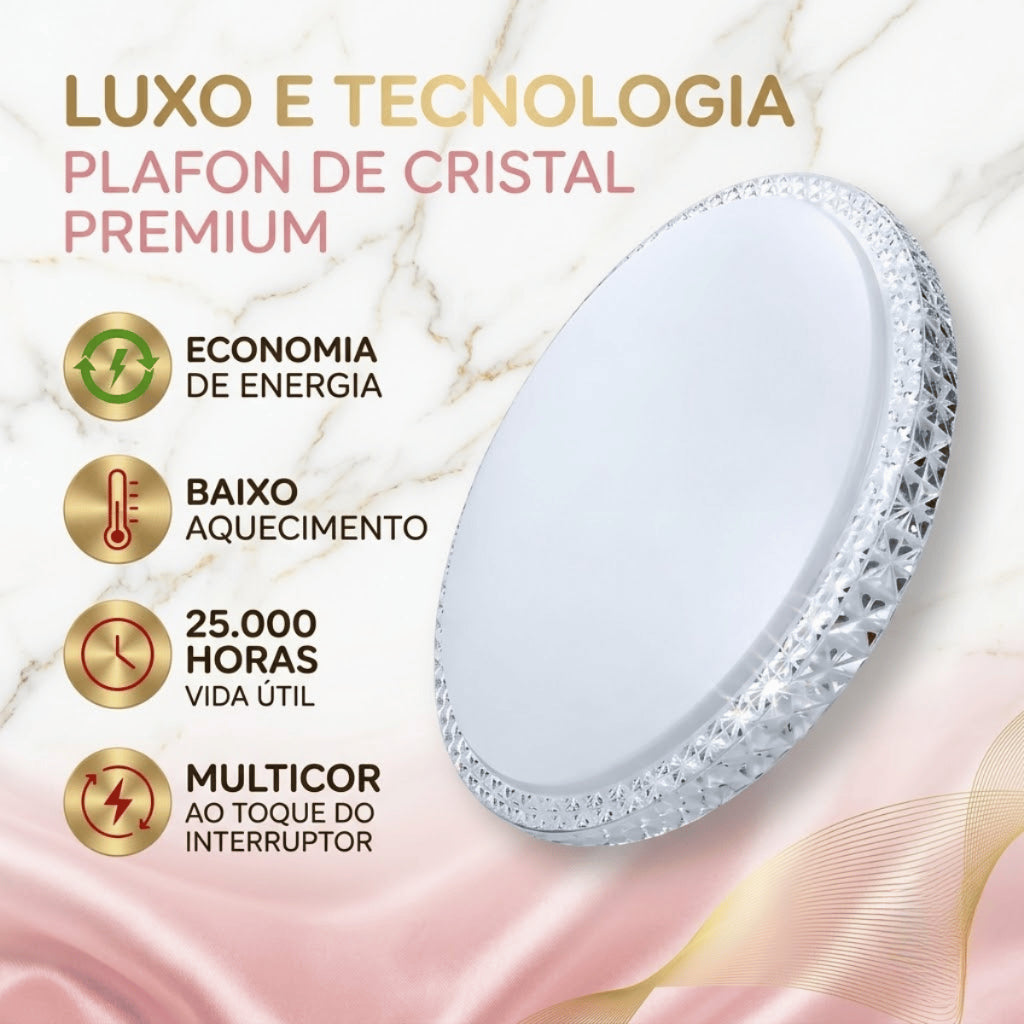 Plafon LED Sobrepor Redondo Efeito Cristal 3 Cores 24W 220V Iluminação Luxo Chique Sala Quarto