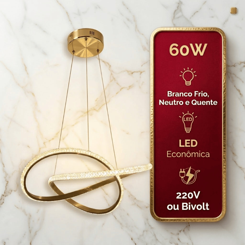 Lustre Pendente Dourado Led Moderno 60w Ondas Luz 3 Em 1 Sala Jantar Mesa Quarto Bivolt