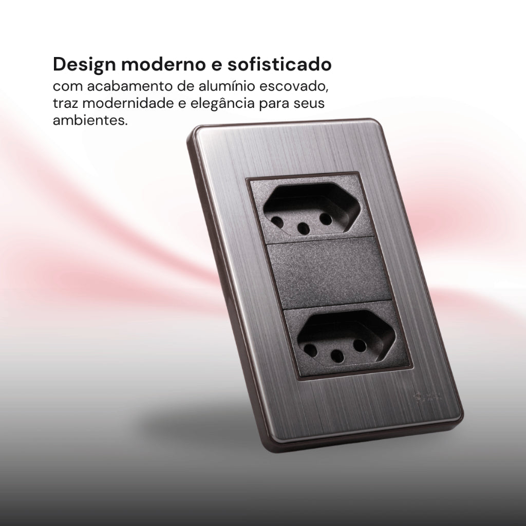 Placa 4x2 Metal Escovado Chumbo Fusion Pro XLX - Com 2 Tomadas 10A 110V 2P+T Padrão Brasileiro