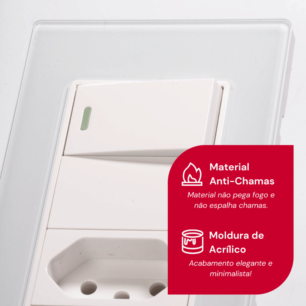 Tomada Modular 4x2 Interruptor Simples Acrilico Espelhado Branco Luxo Anti-Chamas Innova Pro XLX