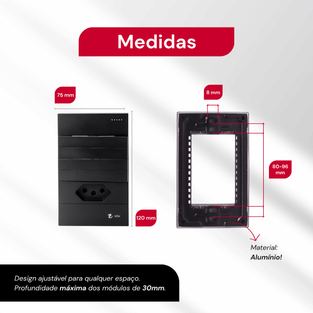 Tomada Modular 10A 110V Interruptor Unipolar Bipolar Cinza Preto Galvanizado Placa 4x2 Alumínio