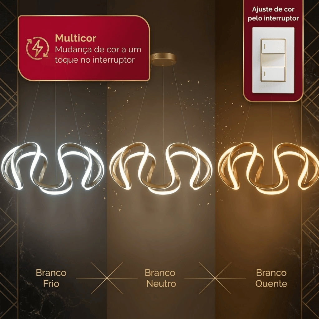 Lustre Pendente Dourado Led Moderno Curvas 60w Ondas Luz 3 Em 1 Sala Jantar Mesa Quarto Bivolt