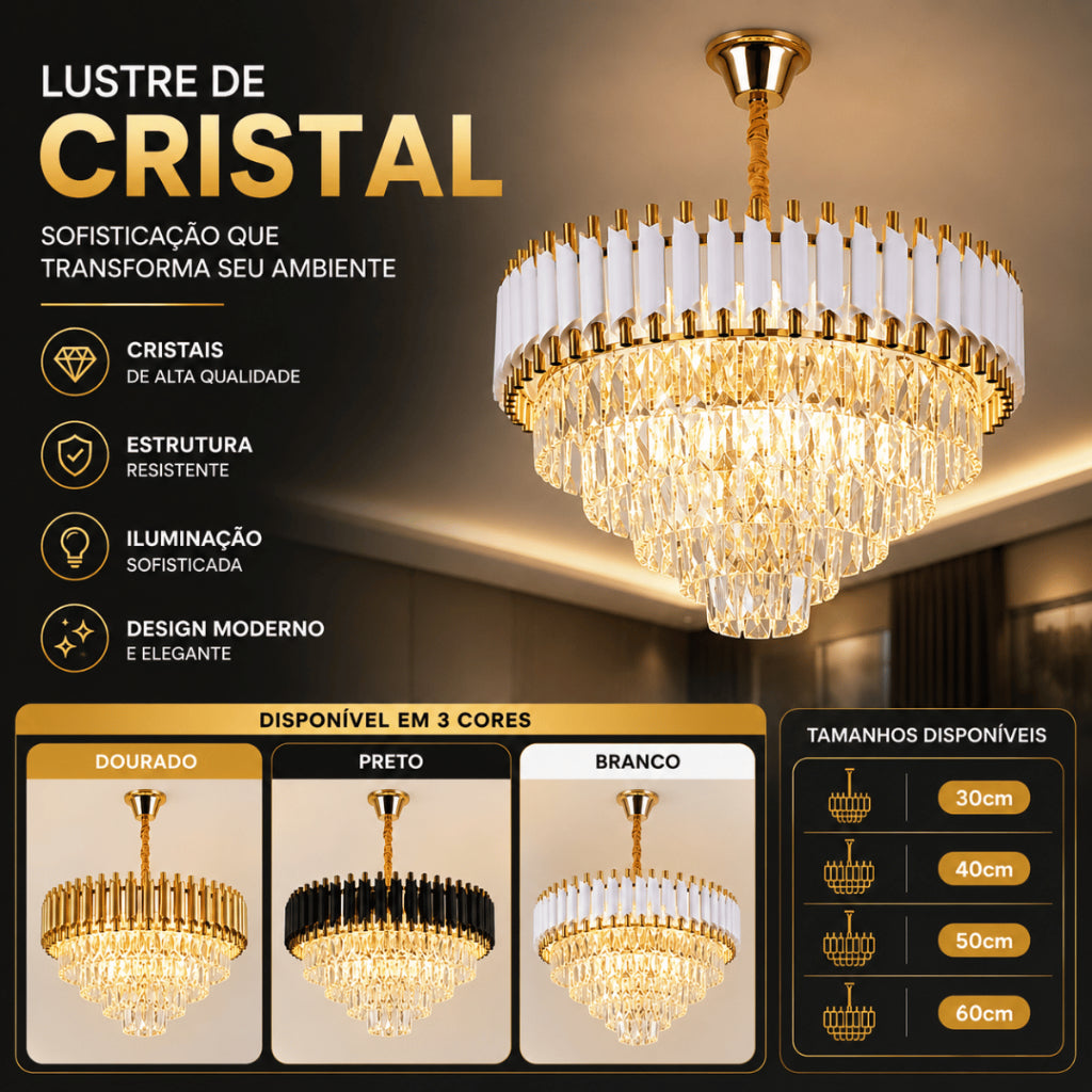 Lustre Pendente de Cristal Moderno Luxo E14 Bivolt Preto Branco Dourado Sala de Jantar