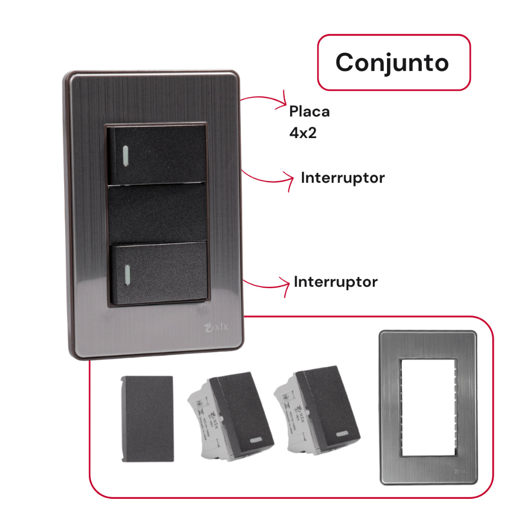 Interruptor Duplo Unipolar Bipolar XLX Tomada Fusion Pro Premium Acabamento em Aço Escovado