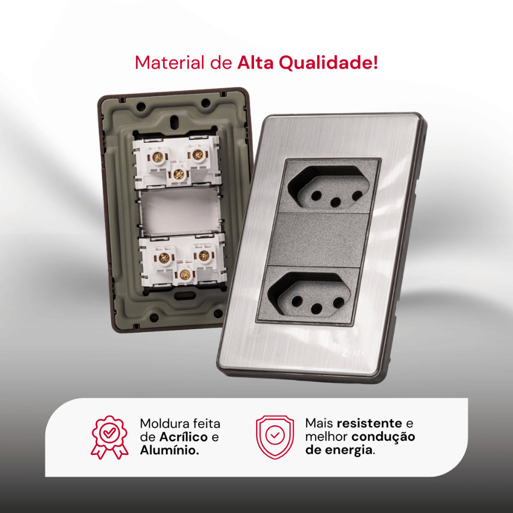 Placa 4x2 Metal Escovado Chumbo Fusion Pro XLX - Com 2 Tomadas 10A 110V 2P+T Padrão Brasileiro