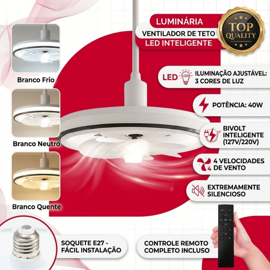 Ventilador de Teto Lâmpada Soquete E27 Luz Led Ajustável Controle Remoto Bivolt Verão 4 Velocidades