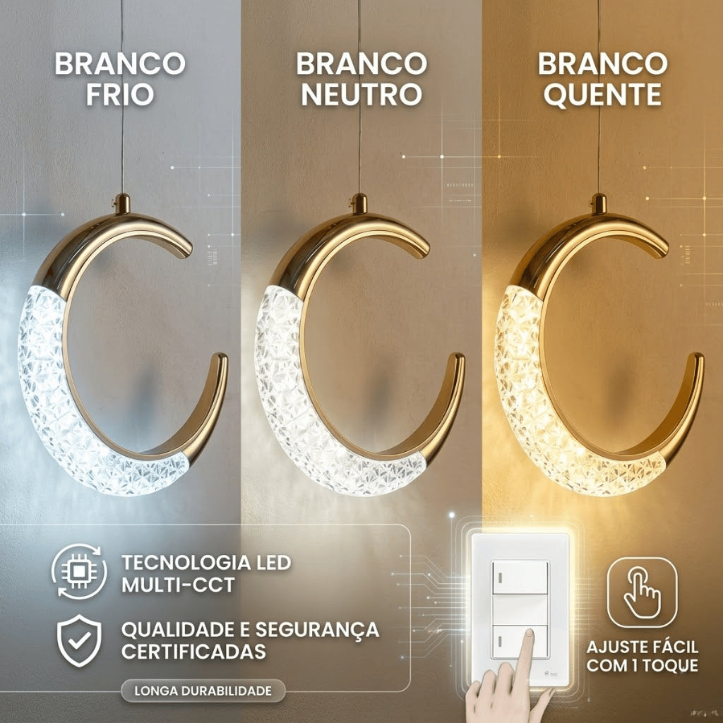 Lustre Pendente LED Lua Dourado Cristal 3 Cores de Luz Ajustavel para Quarto e Sala Bivolt