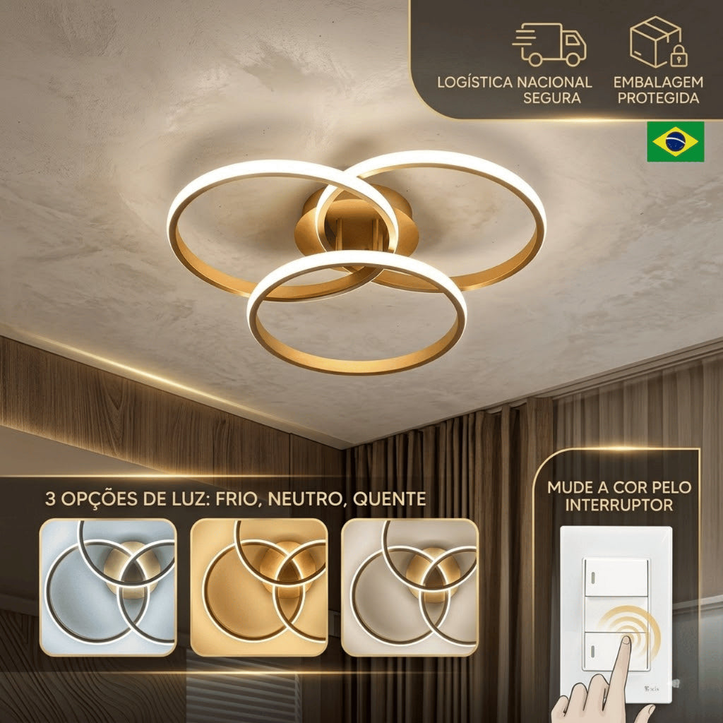 Lustre 3 Anéis Dourado 60w Luminária LED Design Moderno Led 3 Cores Bivolt Luz Branco Neutro Quente