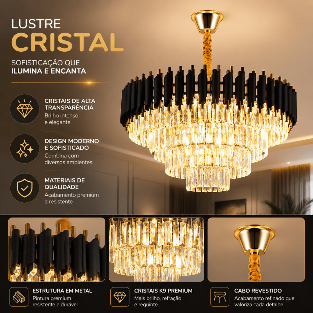 Lustre de Cristal Moderno Luxo Redondo Sala de Jantar E14 Bivolt Altura Ajustável 3 Cores