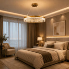 Lustre Pendente Cristal K9 Dourado Redondo Luxo Sala de Jantar E14 Bivolt Cabos Ajustáveis 39cm