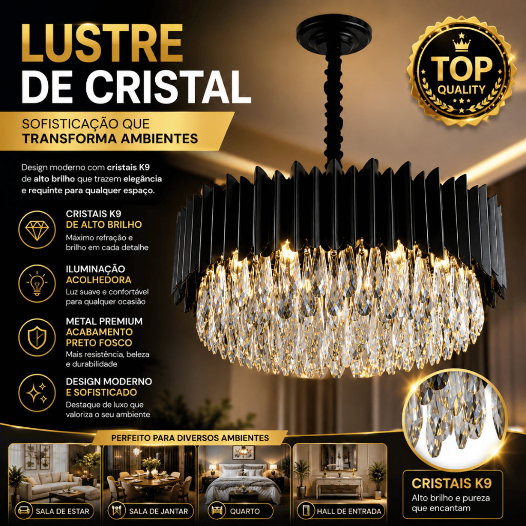 Lustre Cristal K9 Gotas Preto Fosco Pendente Moderno E14 Sala de Estar Bivolt