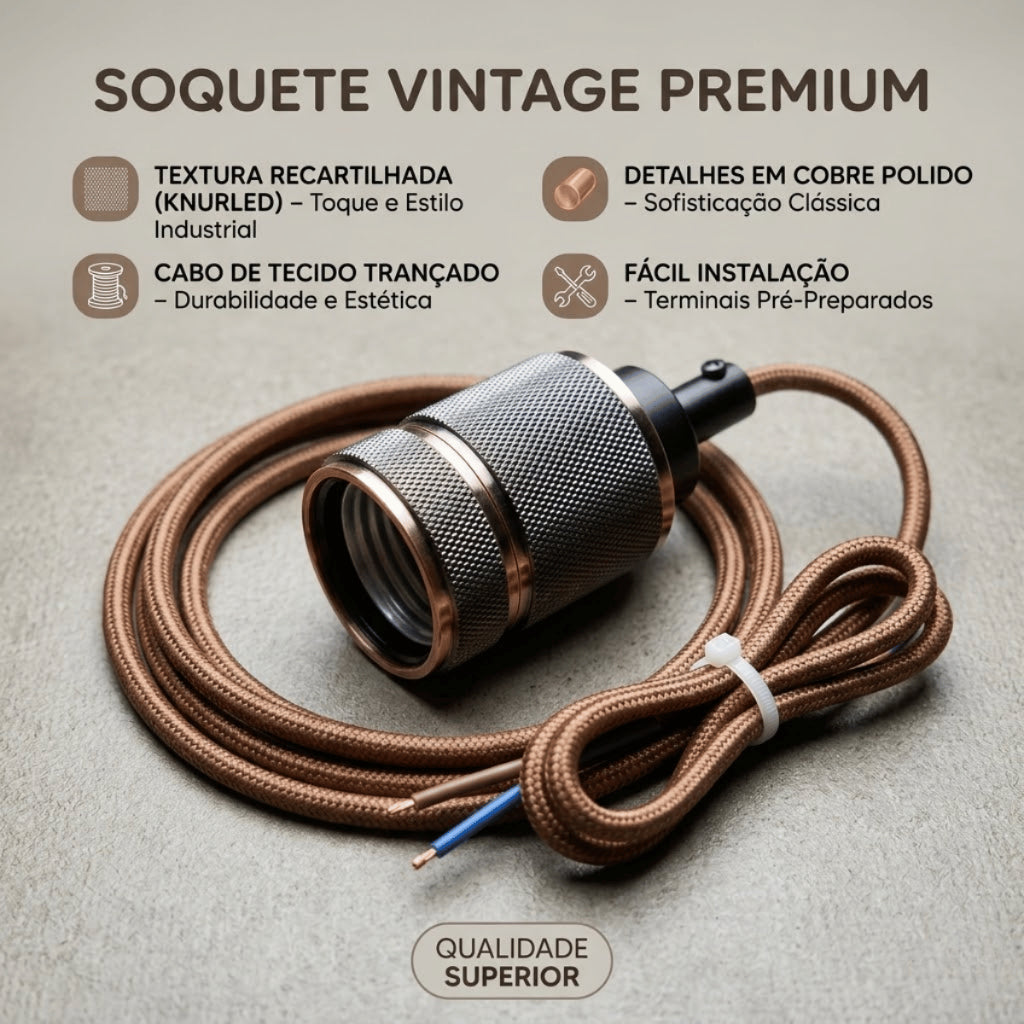 Pendente Soquete E27 de Teto Metal e Cobre estilo industrial Texturizado Vintage retrô Thomas Edison