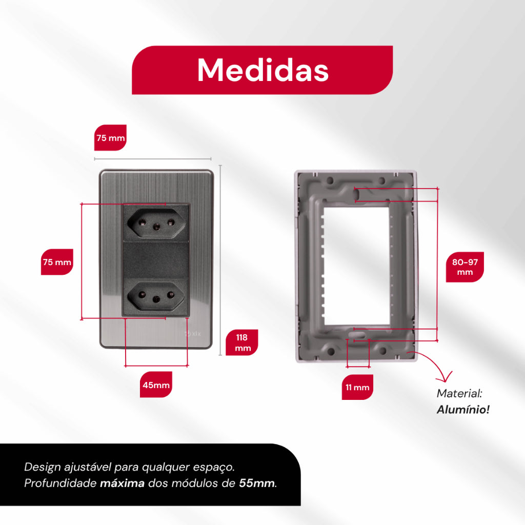 Placa 4x2 Metal Escovado Chumbo Fusion Pro XLX - Com 2 Tomadas 10A 110V 2P+T Padrão Brasileiro