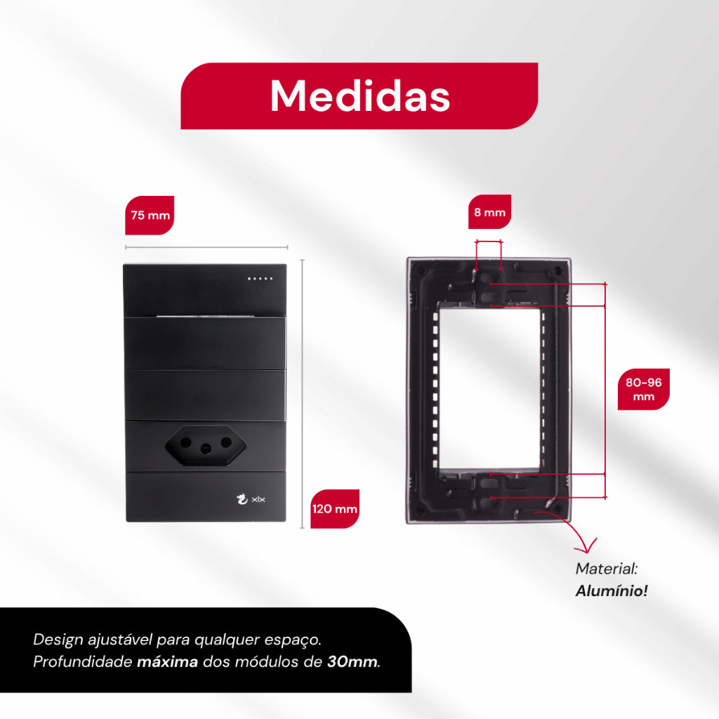 Tomada Modular 10A 110V Interruptor Unipolar Bipolar Cinza Preto Galvanizado Placa 4x2 Alumínio