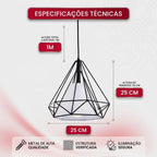 Pendente Teto Aramado Diamante Geométrico E27 Preto Estilo Industrial