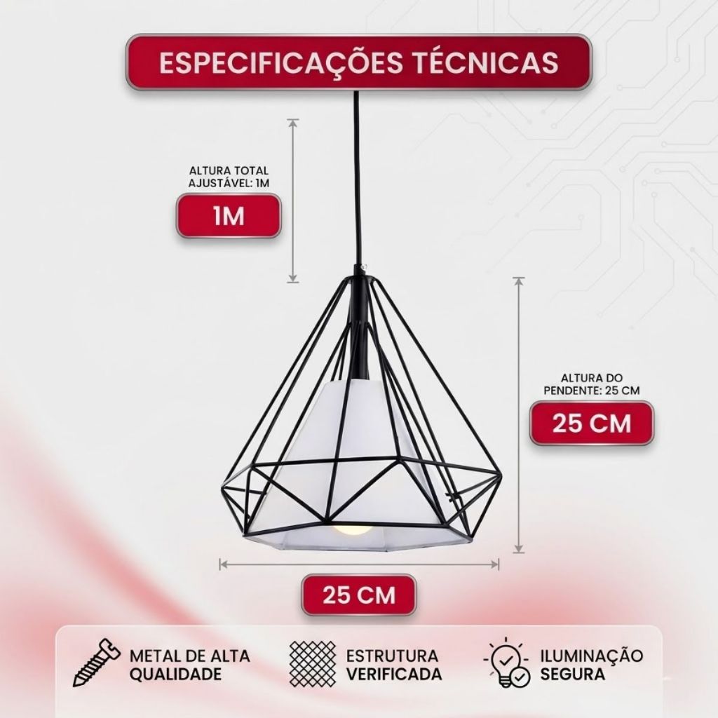 Pendente Teto Aramado Diamante Geométrico E27 Preto Estilo Industrial