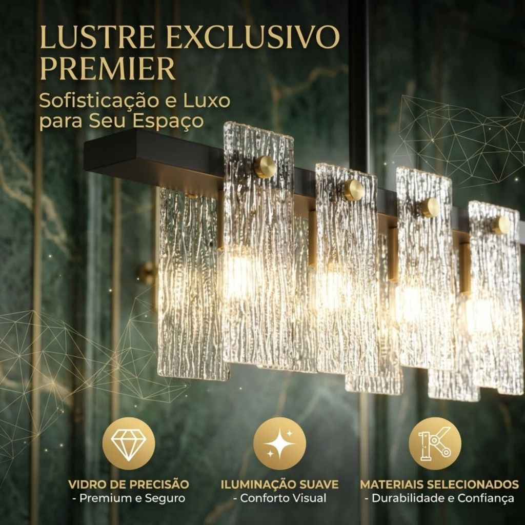 Lustre Pendente Bivolt Linear Moderno Vidro Texturizado Premium G9 Sala Jantar Luxuoso Chique