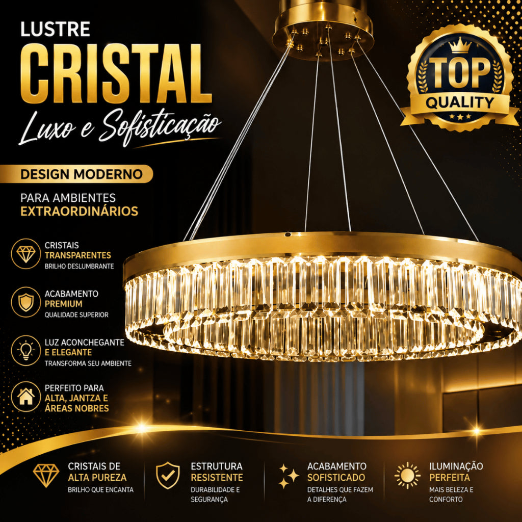 Lustre Pendente Cristal K9 Dourado Redondo Luxo Sala de Jantar E14 Bivolt Cabos Ajustáveis 39cm