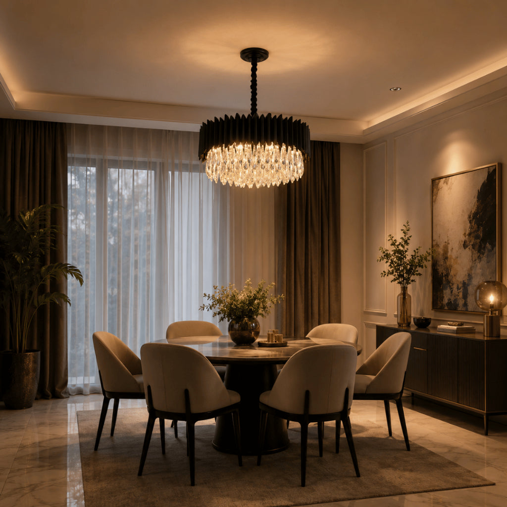 Lustre Cristal K9 Gotas Preto Fosco Pendente Moderno E14 Sala de Estar Bivolt
