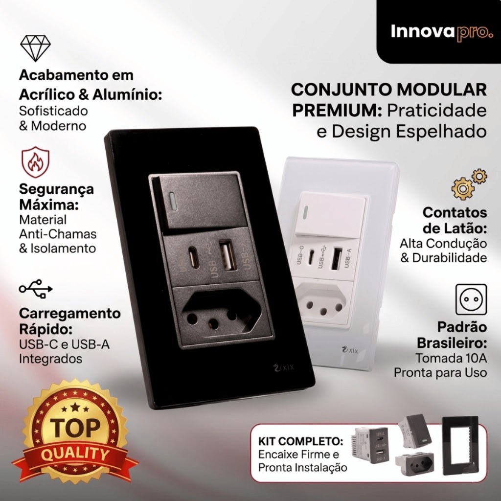 Tomada Modular Acrílico Branca Preto USB Placa ACRÍLICO Tomada 10A Interruptor 4X2 Bipolar Unipolar