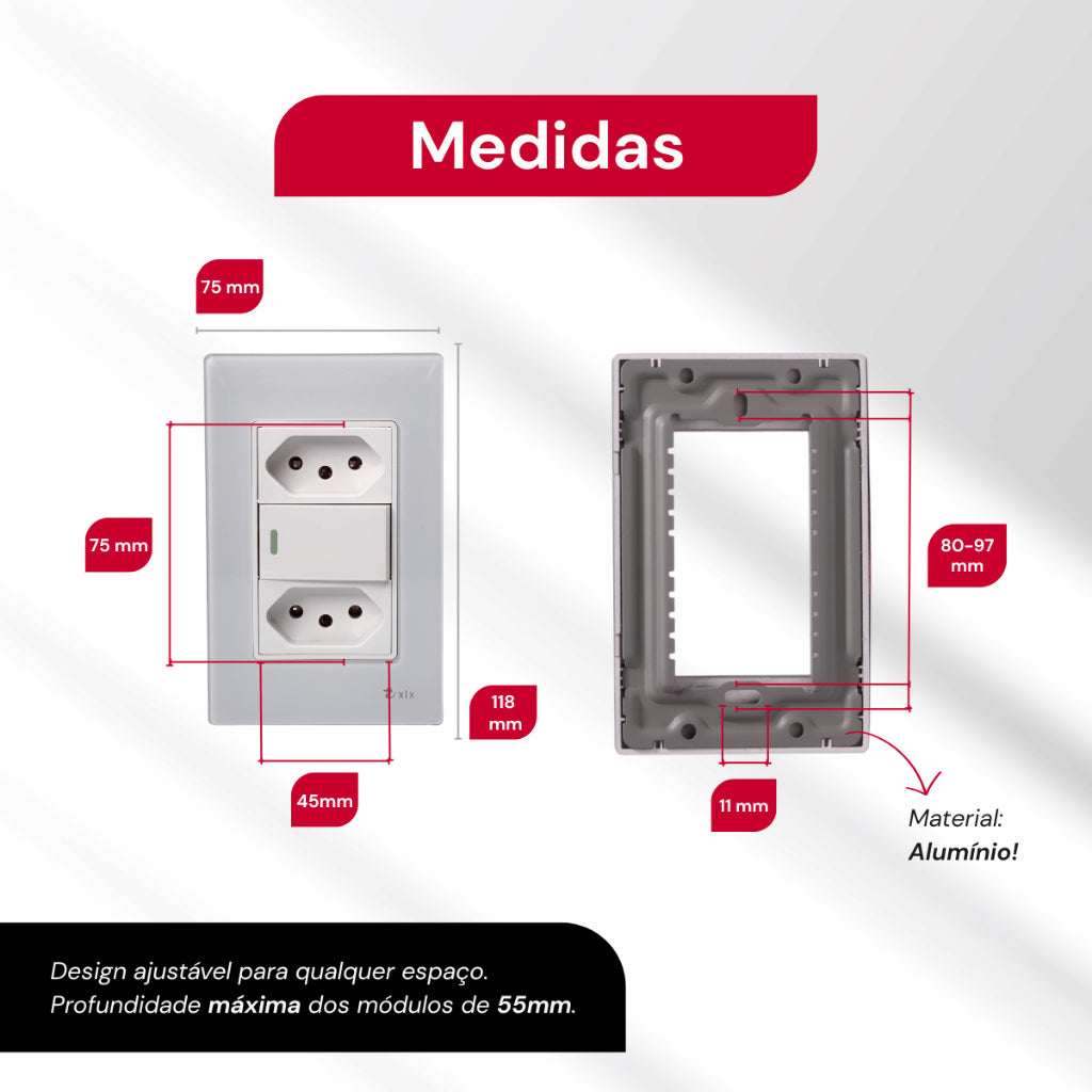 Tomada Modular Interruptor de Parede 110V 10A Placa Branca Acrílico Espelhado Alumínio Innova XLX
