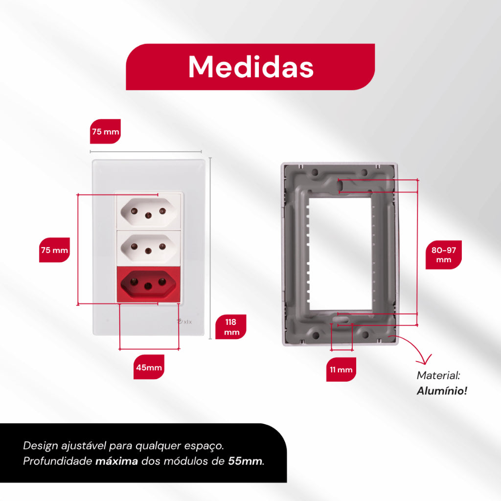 Tomada Modular Tripla 10A 20A 110V 220V Placa Preta Acrílico Espelhada Alumínio Moderna Innova XLX