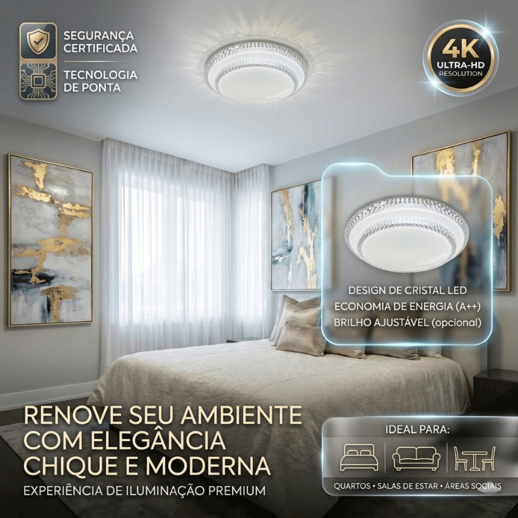 Luminária Plafon de Teto LED Tricolor 24W 38cm Design Moderno Cristal Facetado para Área Social