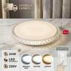 Plafon LED Sobrepor Redondo Efeito Cristal 3 Cores 24W 220V Iluminação Luxo Chique Sala Quarto