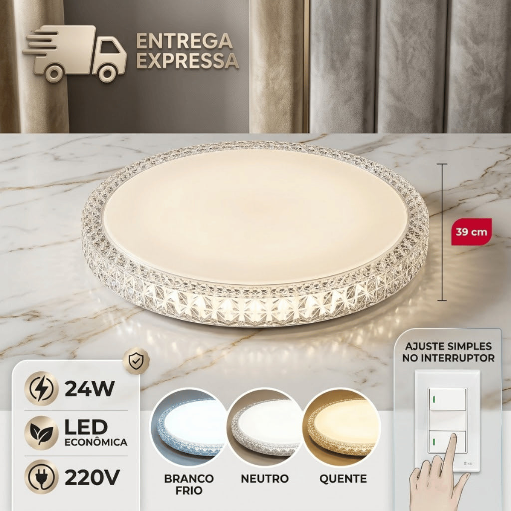 Plafon LED Sobrepor Redondo Efeito Cristal 3 Cores 24W 220V Iluminação Luxo Chique Sala Quarto