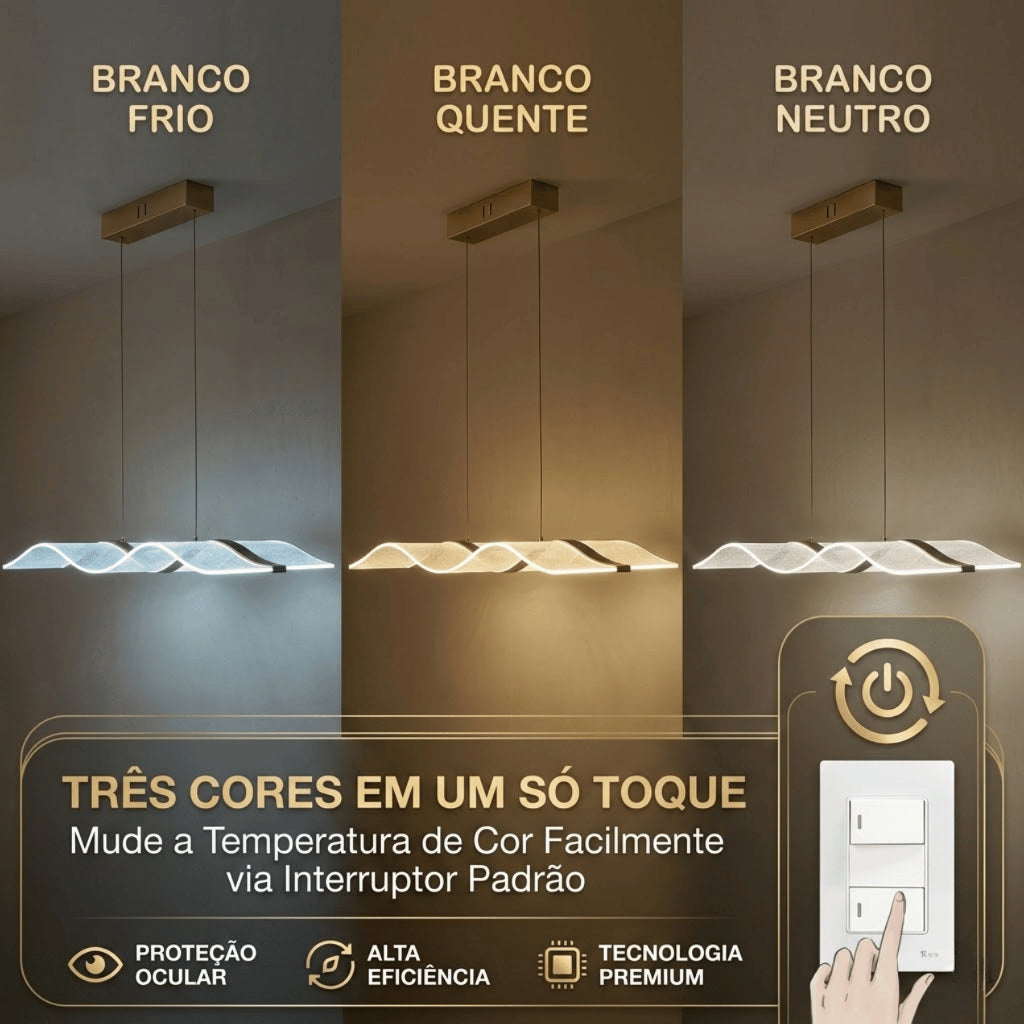 Lustre Pendente LED 60W Moderno Ondulado Dourado Sala Quarto 3 Cores Bivolt Branco Neutro Quente