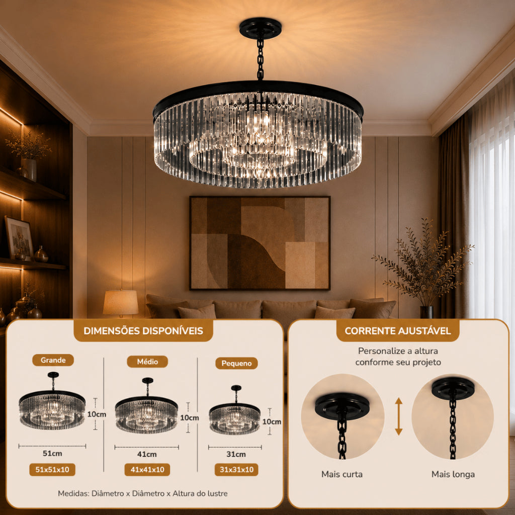 Lustre Cristal K9 Redondo Moderno Pendente Luxo Sala de Jantar E14 Bivolt Corrente Ajustável Preto