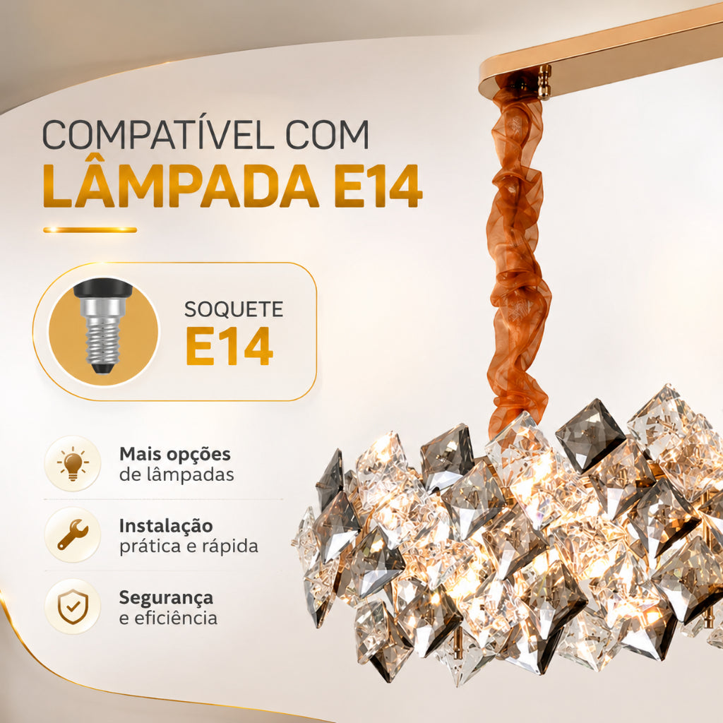 Lustre Pendente Cristal K9 Fumê Retangular Moderno Luxo Sala de Jantar E14 Bivolt Dourado