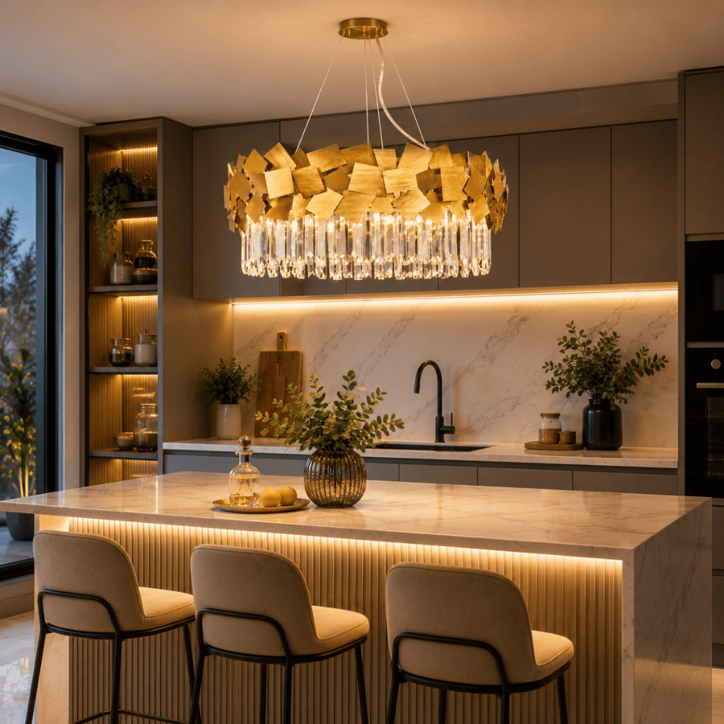 Lustre Moderno Cristal K9 Dourado Premium Pendente Luxo E14 Bivolt Sala de Estar e Jantar
