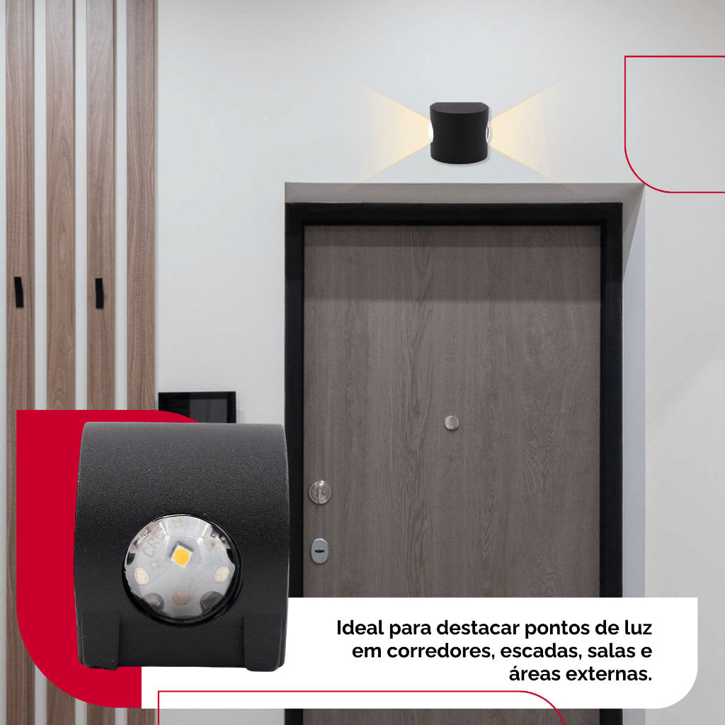 Arandela de Parede Preta LED 5W IP66 A Prova d'Água 2 Fachos de Luz Decoração Externa Branco Quente