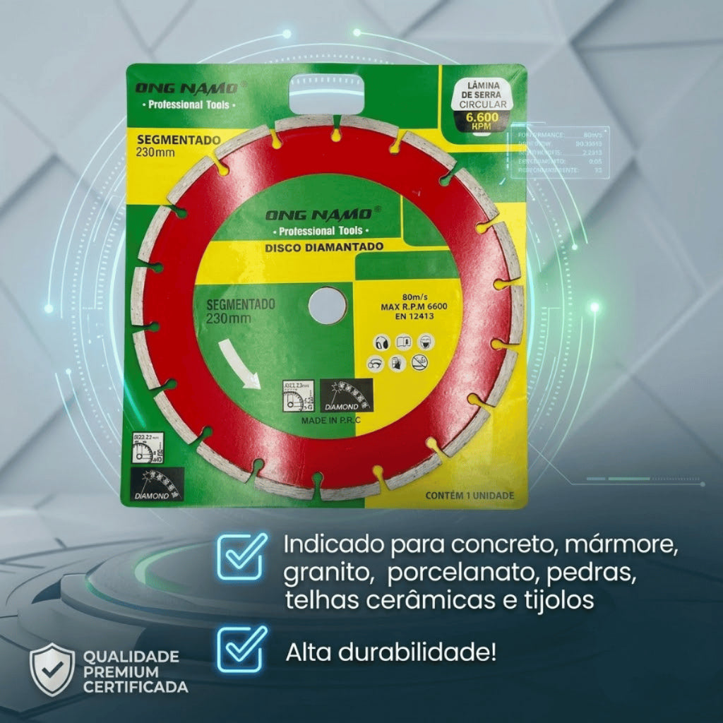 Disco Diamantado Segmentado de Corte 230 mm Seco Úmido Profissional Bloco Concreto Granito Mármore