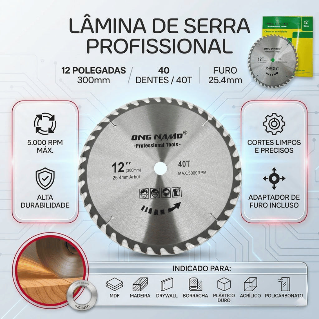 Disco de Serra Circular Profissional 12 polegadas 300mm 40 dentes Corte para Madeira MDF DryWall