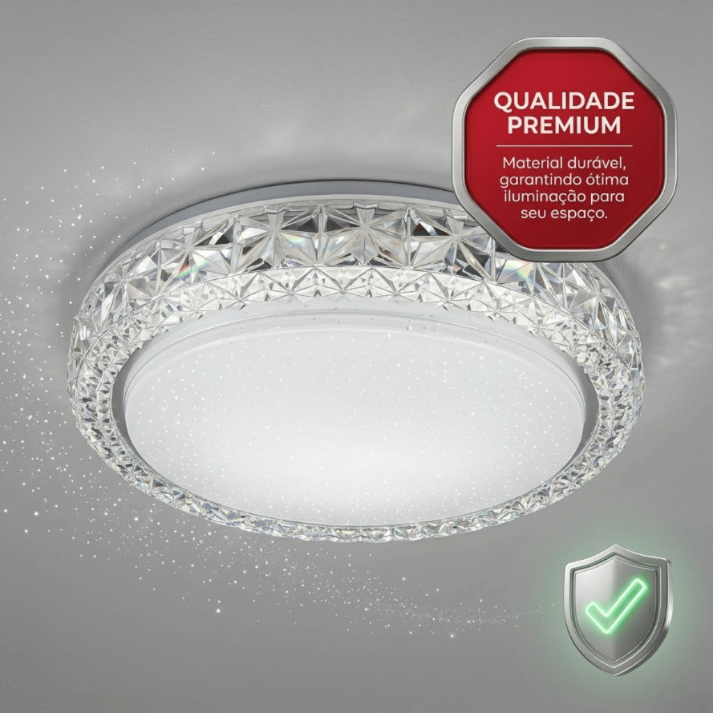 Plafon LED Sobrepor Redondo Efeito Cristal 3 Cores 24W 220V Iluminação Luxo Chique Sala Quarto