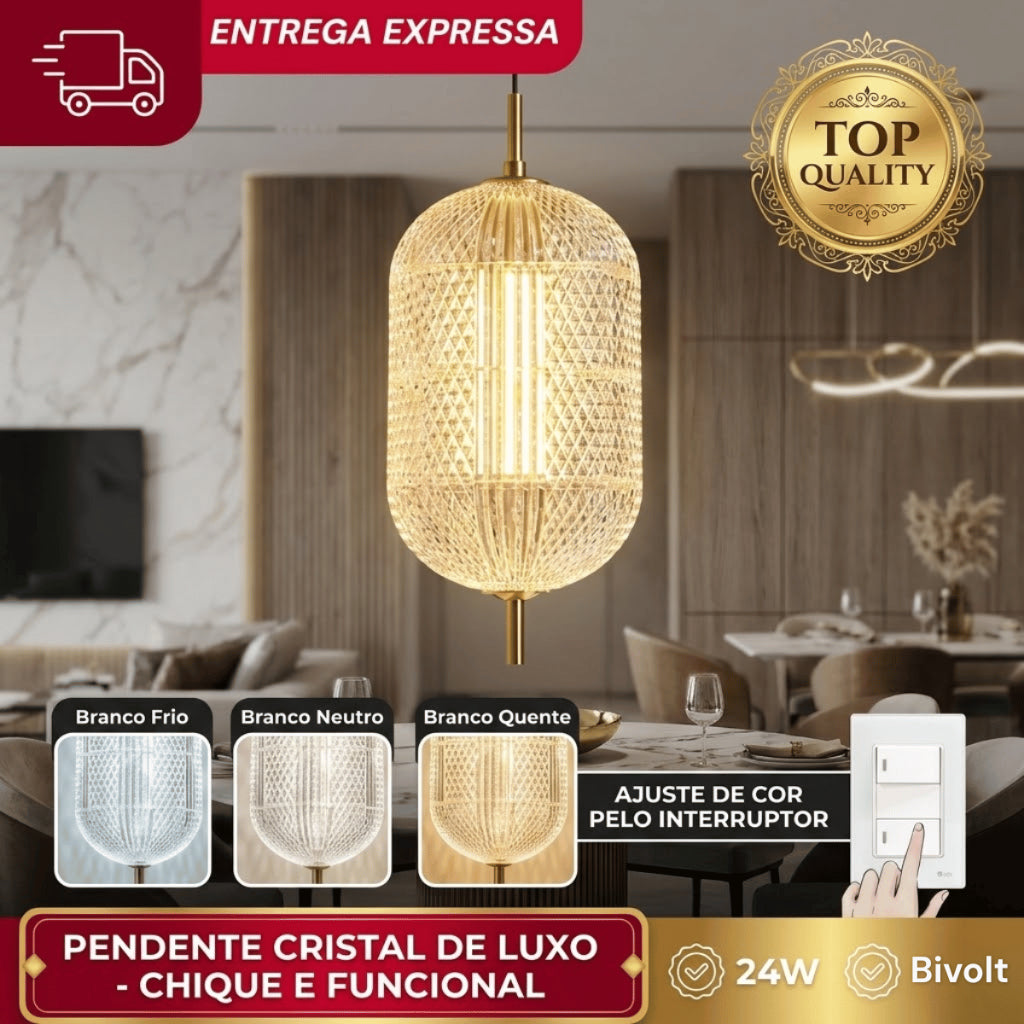 Pendente Led Oval De Vidro Cristal 24w Tricolor Bivolt 220v Design Moderno Luxuoso Mesa Jantar
