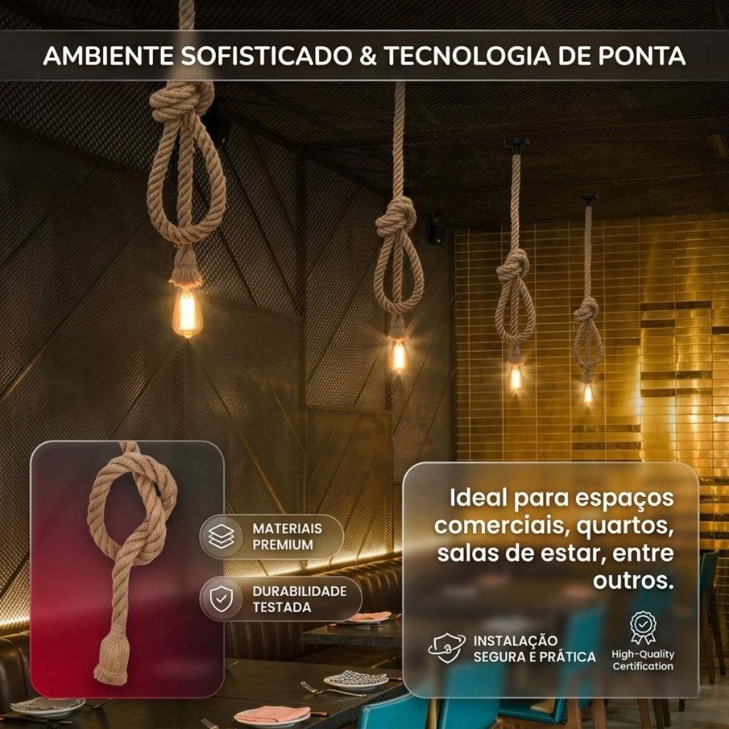 Pendente Corda Marrom 1m Lustre Retrô E27 Bivolt Teto Decoração