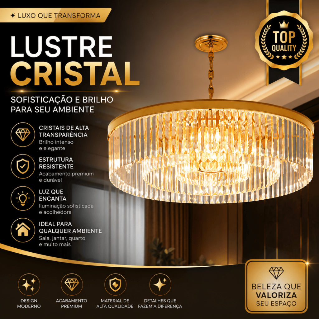Lustre Cristal K9 Redondo Moderno Pendente Luxo Sala de Jantar E14 Bivolt Corrente Ajustável Preto