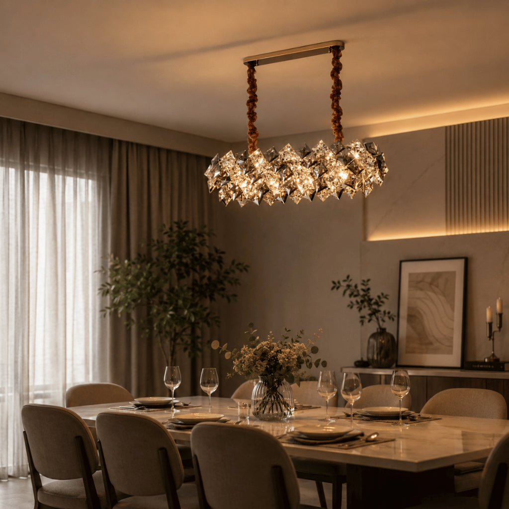 Lustre Pendente Cristal K9 Fumê Retangular Moderno Luxo Sala de Jantar E14 Bivolt Dourado