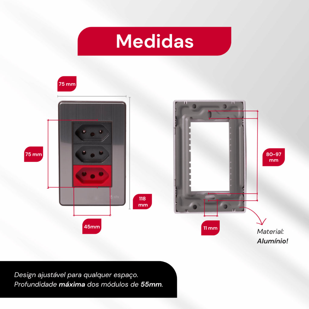 Tomada de Parede 110V 220V 10A 20A Aço Escovado 4X2 Fusion Pro XLX Placa Interruptor Luxuoso Moderno