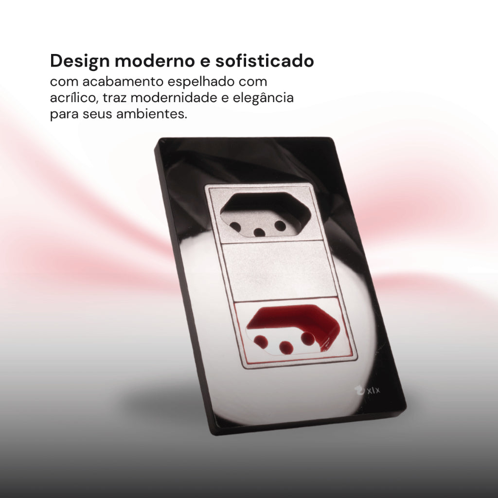 Tomada Modular Dupla de Parede 10A 110V 20A 220V Placa Preta de Acrílico Espelhado Innova XLX