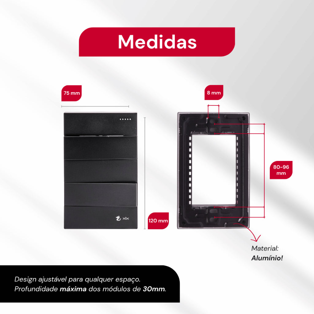 Tomada Modular Interruptor Duplo Unipolar Bipolar Cinza Preto Galvanizado Placa 4x2 Alumínio