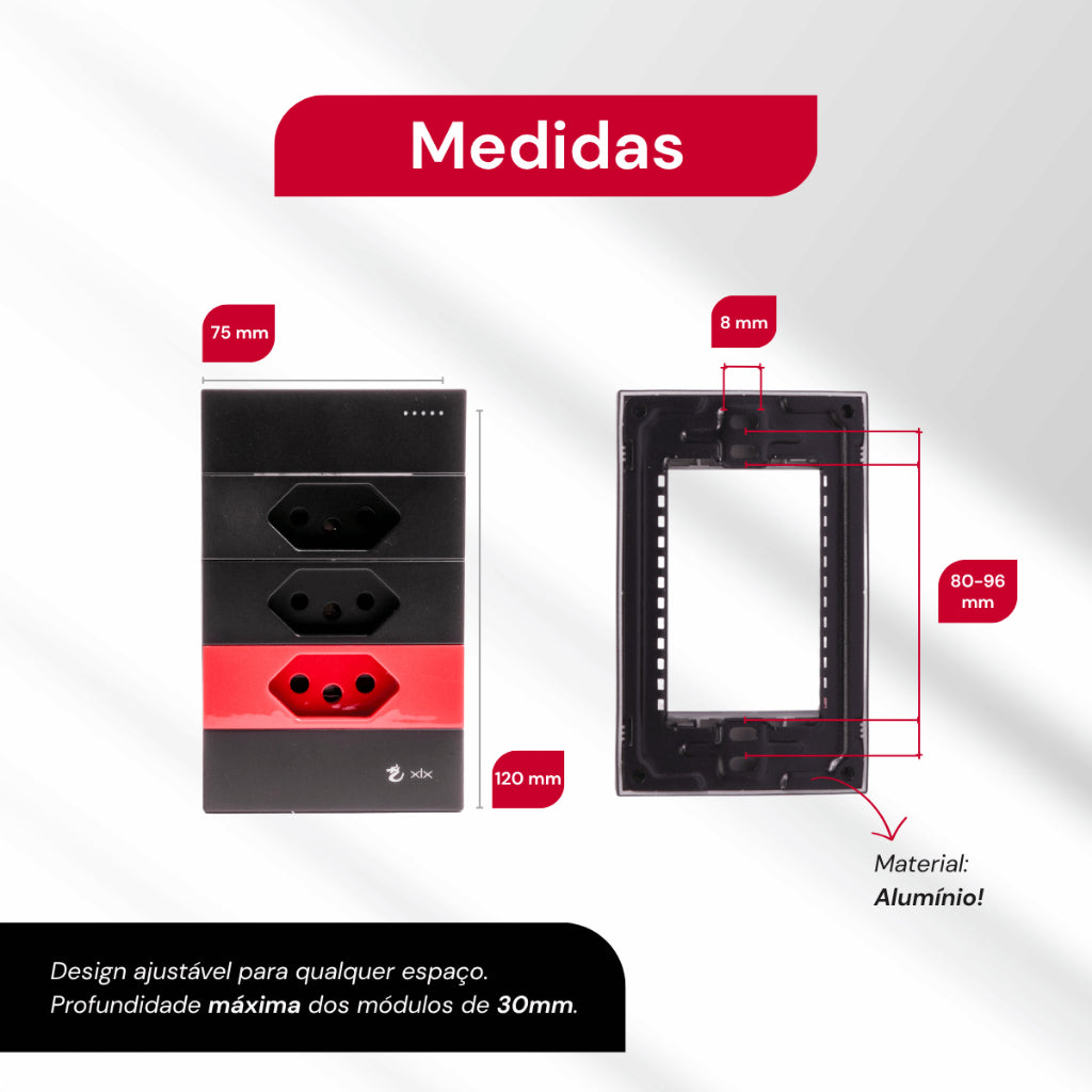 Tomada Modular 10A 110V 20A 220V Cinza Preto Galvanizado Moderno Luxuoso Placa 4x2 Alumínio