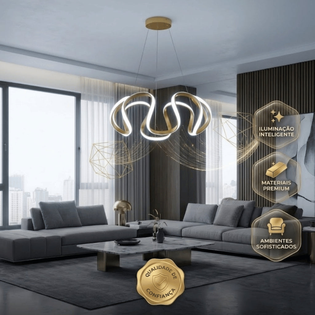 Lustre Pendente Dourado Led Moderno Curvas 60w Ondas Luz 3 Em 1 Sala Jantar Mesa Quarto Bivolt