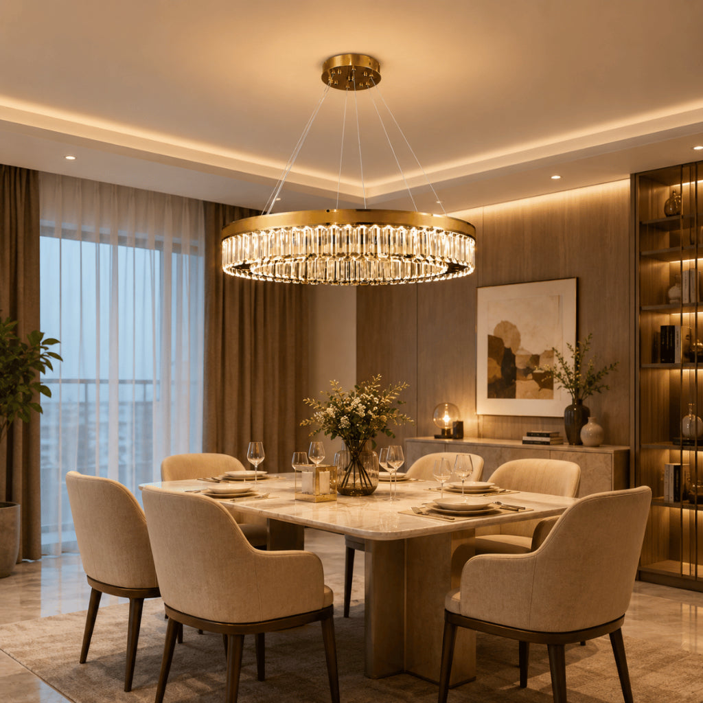 Lustre Pendente Cristal K9 Dourado Redondo Luxo Sala de Jantar E14 Bivolt Cabos Ajustáveis 39cm