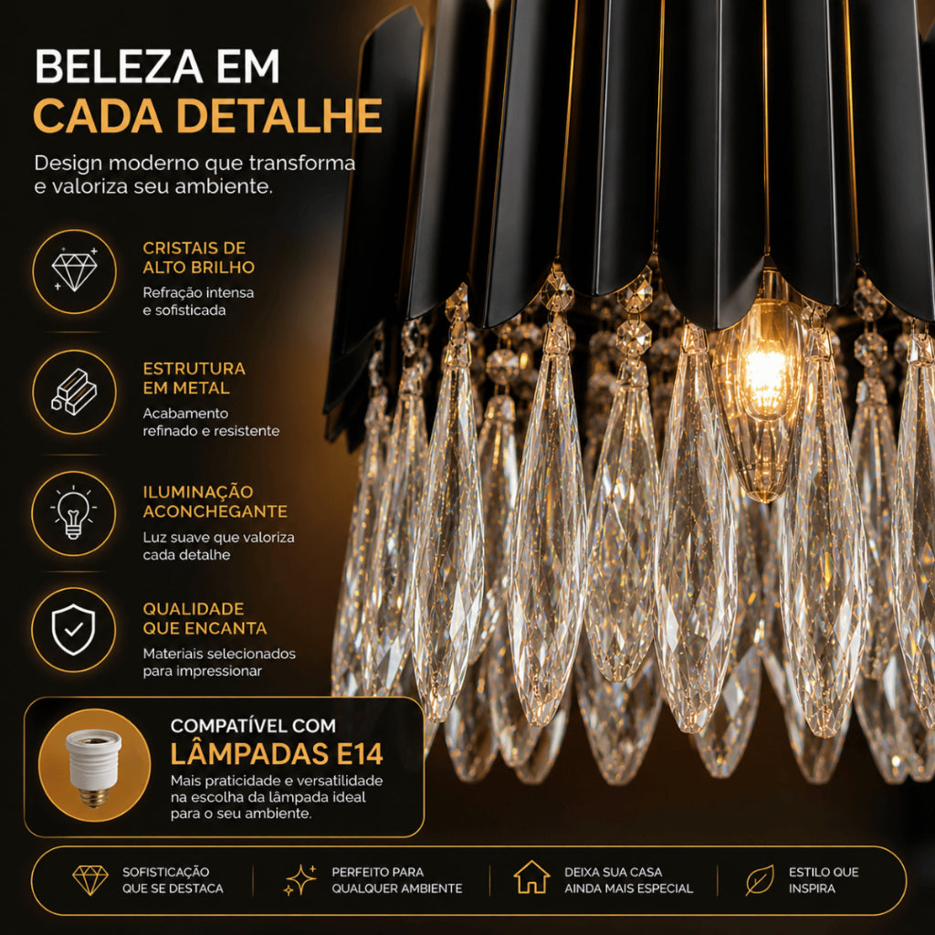 Lustre Cristal K9 Gotas Preto Fosco Pendente Moderno E14 Sala de Estar Bivolt